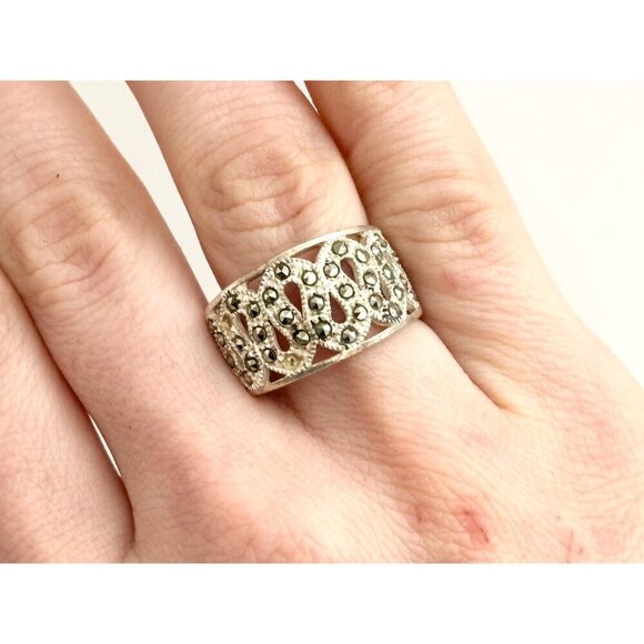 Art Deco Marcasite Sterling Silver Eternal Wave Shaped Vintage Ring - sz 7.5 - Picture 10 of 10